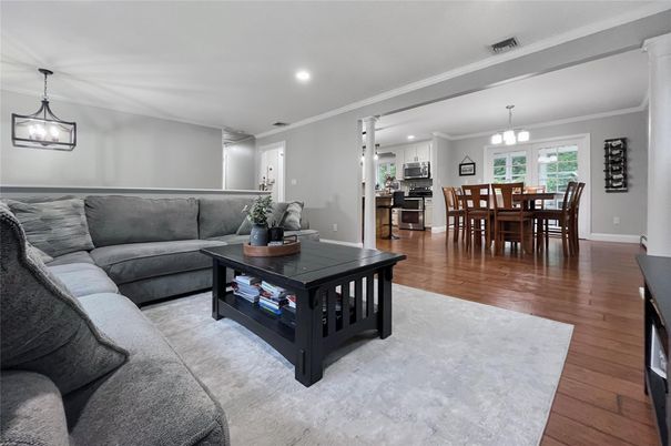 Dining room, Interior, Kitchen, Living room, Pendant Lights, Recessed Lighting, Wood Texture Flooring