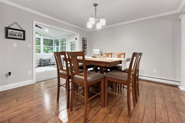 Dining room, Interior, Pendant Lights, Recessed Lighting, Wood Texture Flooring