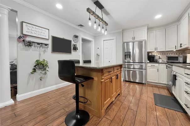 Interior, Kitchen, Pendant Lights, Recessed Lighting, Stainless Steel Appliances, Wood Texture Flooring