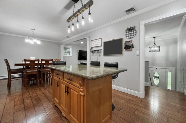 Dining room, Interior, Pendant Lights, Wood Texture Flooring