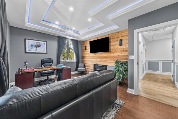 Home Office, Interior, Recessed Lighting, Wood Texture Flooring, Wooden Walls
