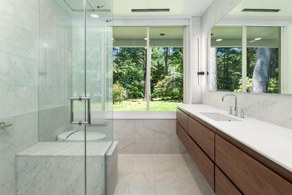 Bathroom, Dual Sink Vanities, Glass Shower, Interior, Marble, Marble Walls, Recessed Lighting