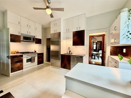 Interior, Kitchen, Stainless Steel Appliances, Wood Texture Flooring