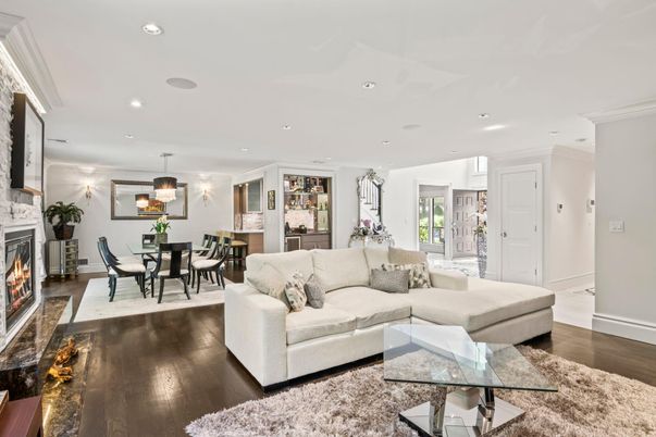 Dining room, Fireplace, Interior, Living room, Pendant Lights, Recessed Lighting, Wood Texture Flooring