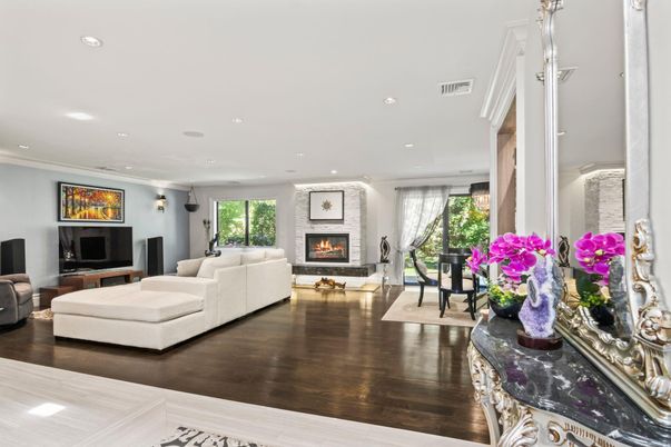 Fireplace, Interior, Living room, Recessed Lighting, Wood Texture Flooring