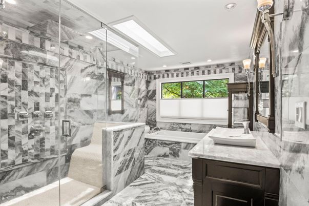 Bathroom, Glass Shower, Interior, Marble, Marble Walls, Recessed Lighting