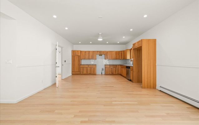 Empty room, Interior, Kitchen, Recessed Lighting, Wood Texture Flooring