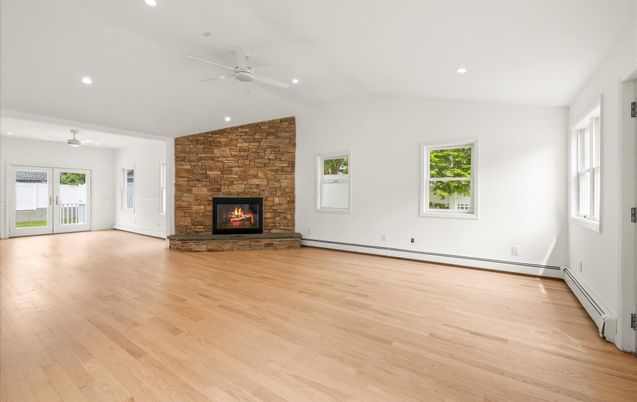 Empty room, Fireplace, Interior, Recessed Lighting, Wood Texture Flooring