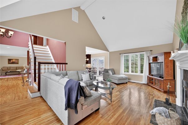 Chandelier, Fireplace, Interior, Living room, Recessed Lighting, Wood Texture Flooring