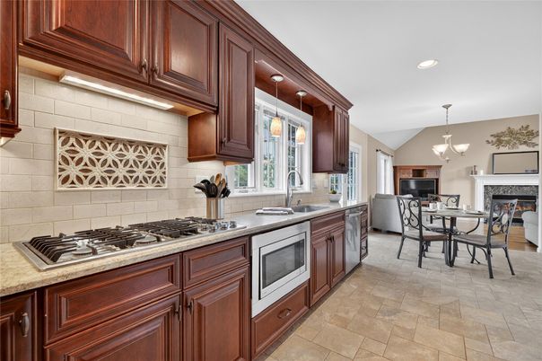 Chandelier, Dining room, Fireplace, Interior, Kitchen, Pendant Lights, Recessed Lighting