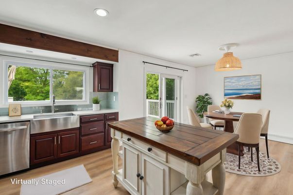 Dining room, Interior, Kitchen, Recessed Lighting, Stainless Steel Appliances, Wood Texture Flooring