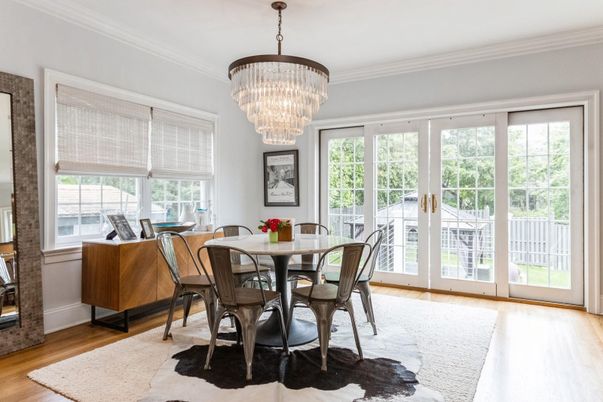 Chandelier, Dining room, Interior, Wood Texture Flooring