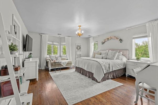 Bedroom, Chandelier, Interior, Wood Texture Flooring