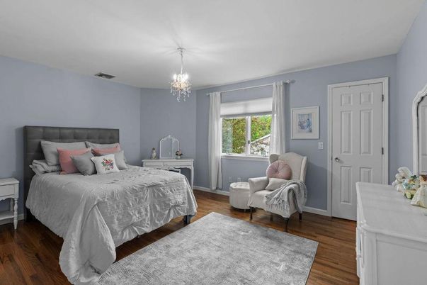 Bedroom, Chandelier, Interior, Wood Texture Flooring