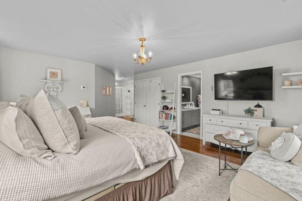Bedroom, Chandelier, Interior, Wood Texture Flooring