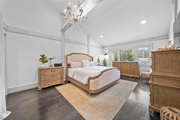 Bedroom, Chandelier, Interior, Recessed Lighting, Wood Texture Flooring