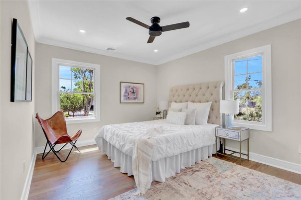 Bedroom, Interior, Recessed Lighting, Wood Texture Flooring