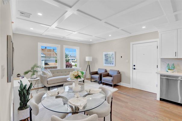 Dining room, Interior, Kitchen, Living room, Recessed Lighting, Wood Texture Flooring