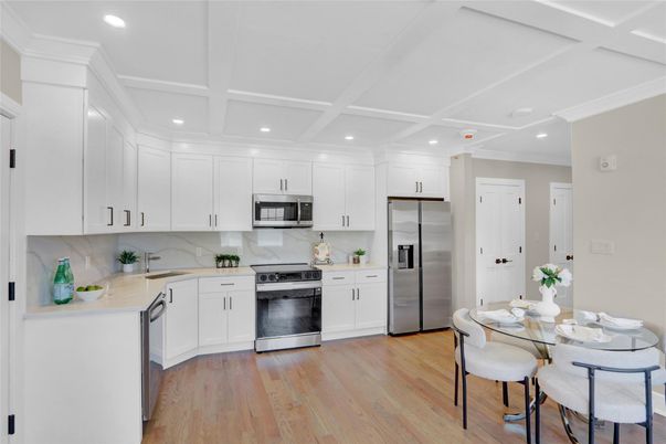 Interior, Kitchen, Recessed Lighting, Stainless Steel Appliances, Wood Texture Flooring