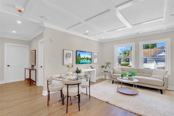 Dining room, Interior, Living room, Recessed Lighting, Wood Texture Flooring
