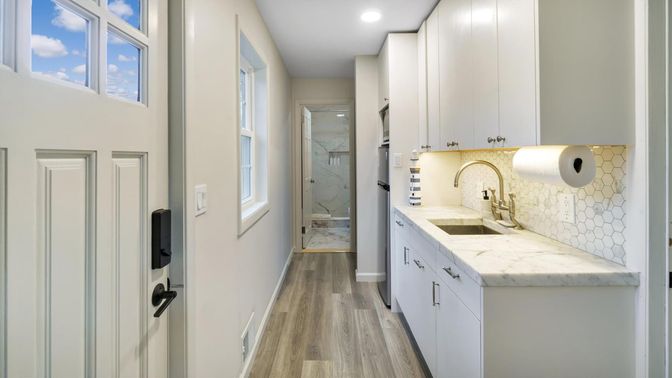 Bathroom, Interior, Kitchen, Marble Walls, Recessed Lighting, Wood Texture Flooring
