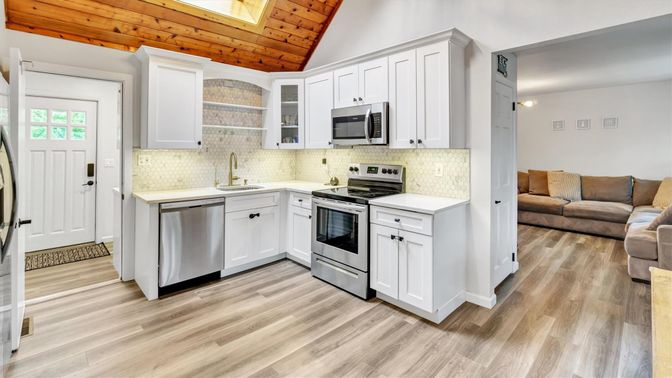 Interior, Kitchen, Living room, Stainless Steel Appliances, Wooden Ceilings, Wood Texture Flooring