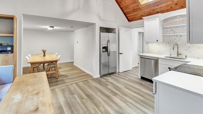 Dining room, Interior, Kitchen, Stainless Steel Appliances, Wooden Ceilings, Wood Texture Flooring