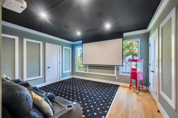 Home Theatre Room, Interior, Projection Screen, Recessed Lighting, Theatre Room, Wood Texture Flooring