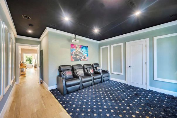 Home Theatre Room, Interior, Recessed Lighting, Theatre Room, Wood Texture Flooring