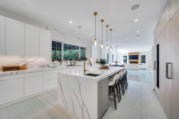 Interior, Kitchen, Marble Walls, Pendant Lights, Recessed Lighting