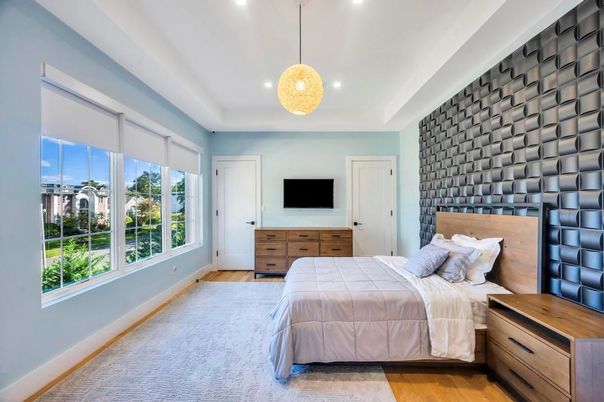 Bedroom, Interior, Pendant Lights, Recessed Lighting, Wood Texture Flooring