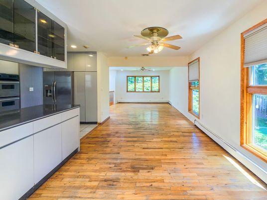 Empty room, Interior, Kitchen, Recessed Lighting, Wood Texture Flooring