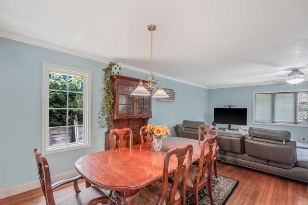 Dining room, Interior, Living room, Pendant Lights, Wood Texture Flooring