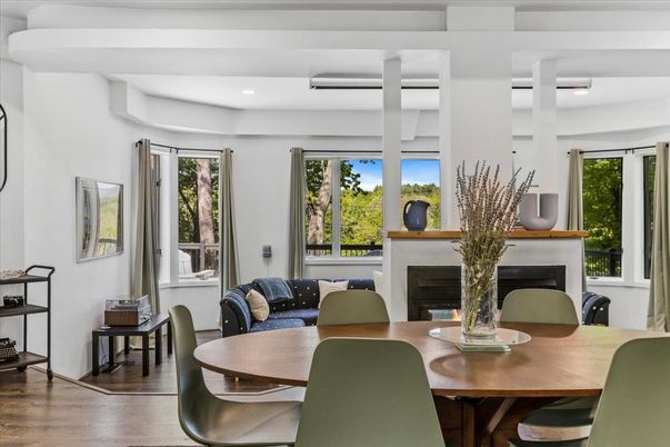 Dining room, Fireplace, Interior, Recessed Lighting, Wood Texture Flooring