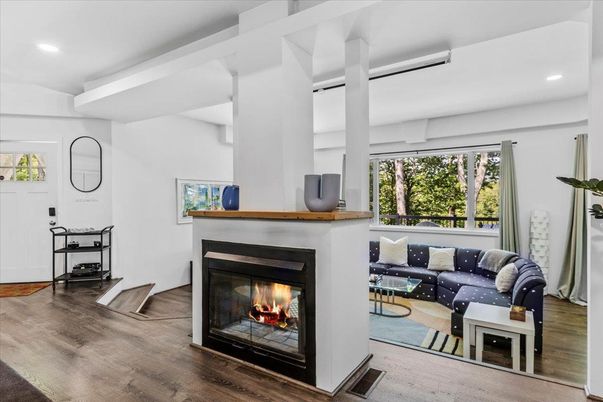 Fireplace, Interior, Living room, Recessed Lighting, Wood Texture Flooring