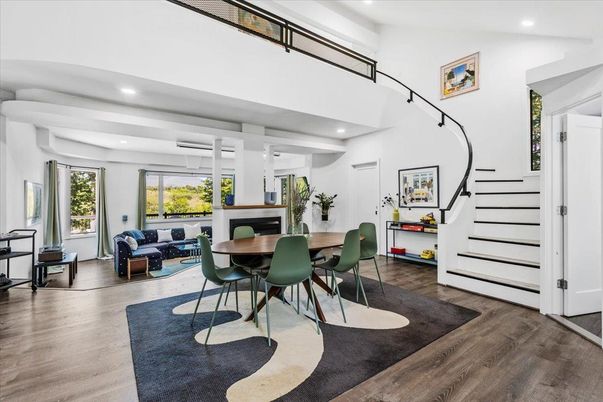 Dining room, Interior, Living room, Recessed Lighting, Wood Texture Flooring