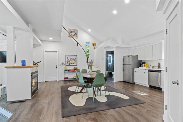 Dining room, Fireplace, Interior, Kitchen, Recessed Lighting, Wood Texture Flooring