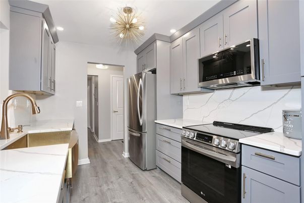 Interior, Kitchen, Recessed Lighting, Stainless Steel Appliances, Wood Texture Flooring
