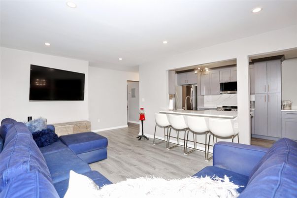 Interior, Kitchen, Living room, Recessed Lighting, Stainless Steel Appliances, Wood Texture Flooring
