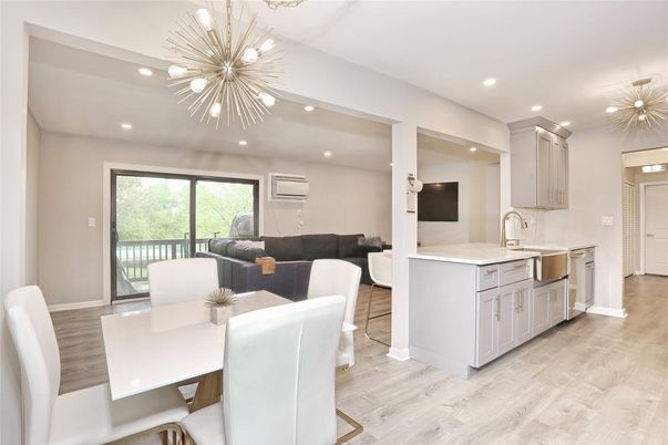Dining room, Interior, Kitchen, Living room, Pendant Lights, Recessed Lighting, Wood Texture Flooring
