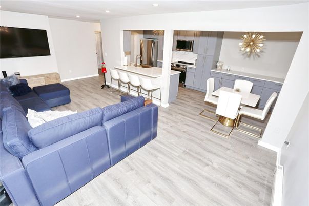 Interior, Kitchen, Living room, Recessed Lighting, Wood Texture Flooring
