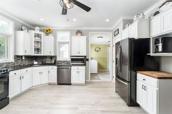 Interior, Kitchen, Recessed Lighting, Stainless Steel Appliances, Wood Texture Flooring