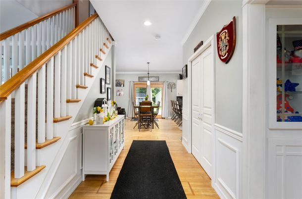Dining room, Interior, Pendant Lights, Recessed Lighting, Wood Texture Flooring
