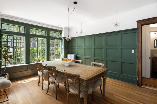 Dining room, Interior, Pendant Lights, Wood Texture Flooring