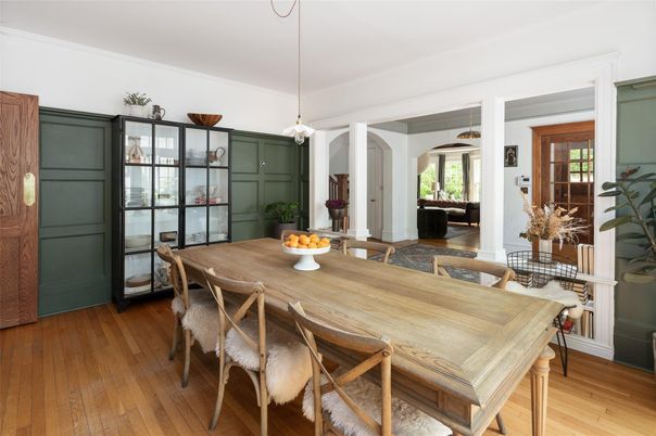 Dining room, Interior, Pendant Lights, Wood Texture Flooring