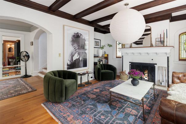 Fireplace, Interior, Living room, Pendant Lights, Wooden Beams, Wood Texture Flooring