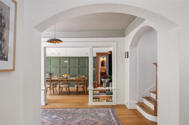 Dining room, Interior, Pendant Lights, Wood Texture Flooring