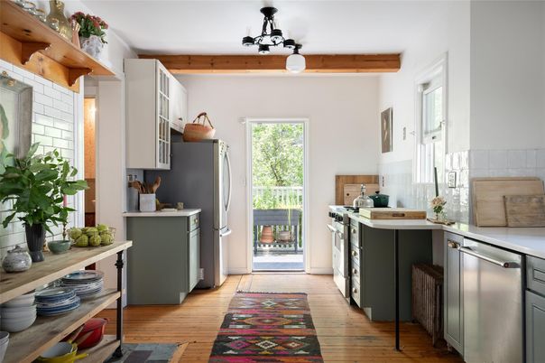 Interior, Kitchen, Stainless Steel Appliances, Wooden Beams, Wood Texture Flooring