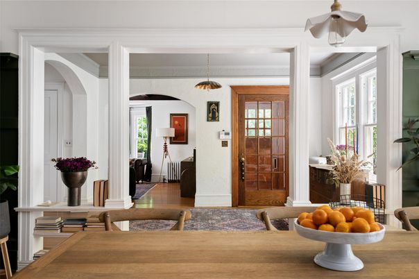Dining room, Interior, Pendant Lights, Wood Texture Flooring