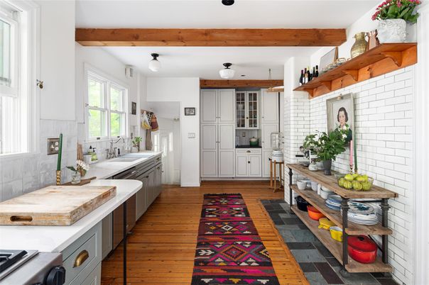 Interior, Kitchen, Stainless Steel Appliances, Wooden Beams, Wood Texture Flooring